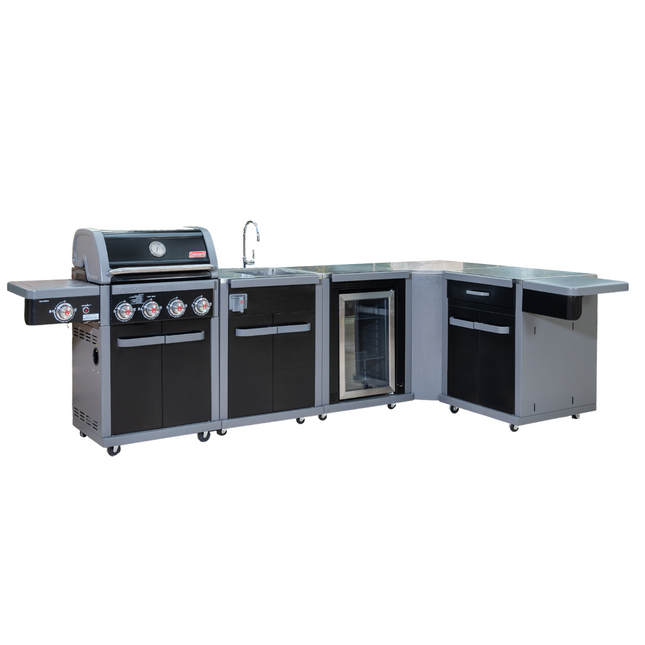Coleman Revolution 4 Burner BBQ L-Shaped Kitchen w/ fridge & sink Backyard Kitchens Coleman