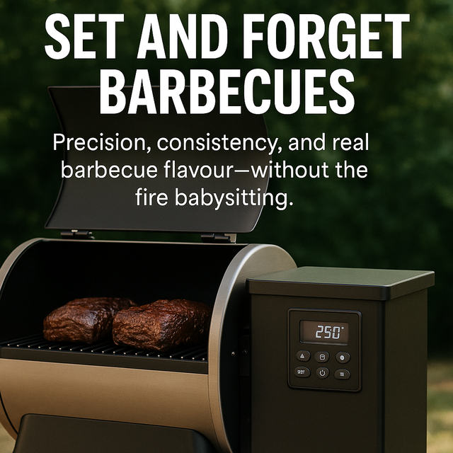 Discover premium Set and Forget barbecues—pellet grills, gas smokers, gravity-fed and more. Smart temperature control for effortless, authentic barbecue.