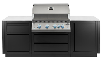 Napoleon modular outdoor kitchen with stainless steel benchtops and matte black cabinets