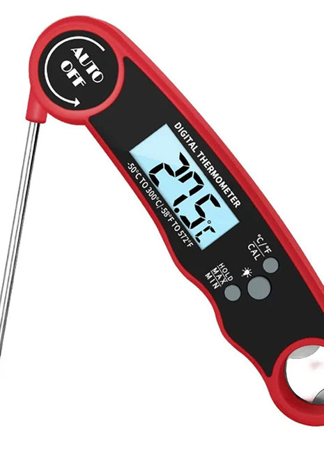 Digital thermometer with red casing and bottle opener on a white background