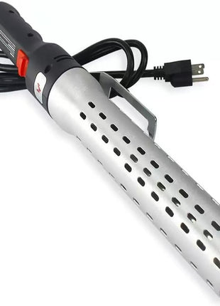 A silver metal heat gun with a perforated barrel, black handle, and attached black power cord on a white background.