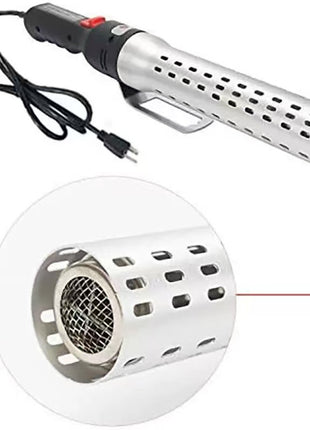 A silver metal heat gun or hair straightener-style tool with a black cord and handle, shown on a white background with a circular inset detail of the perforated metal barrel.