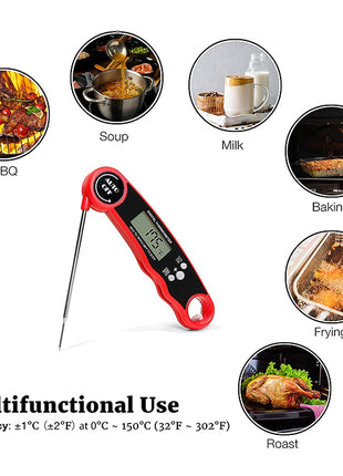 Red and black digital meat thermometer shown on a white background with circular usage examples for BBQ, soup, milk, baking, frying, and roasting, plus text reading 'Multifunctional Use' and accuracy details.