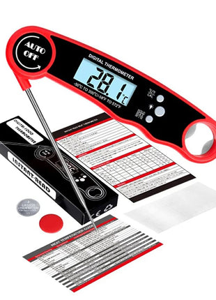 Digital instant meat thermometer with a red and black handle, stainless steel probe, packaging box, and printed instruction sheets on a white background.