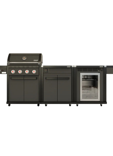Coleman Revolution™ 4 Burner Kitchen with Cupboard and Fridge Modules - Black Matte Backyard Kitchens Coleman
