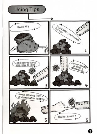 A black and white instructional diagram titled 'Using Tips' showing six numbered panels with illustrations and text about lighting charcoal, including warnings like 'Do not touch it' and 'Do not directly point to a whole block.'.