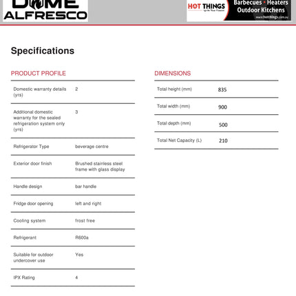Dome Alfresco, Double Door, Tropical Fridge, Stainless Steel