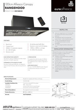 Euro | 120cm Alfresco Canopy Rangehood (Black) Backyard Kitchens Euro