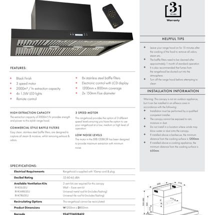 Euro | 120cm Alfresco Canopy Rangehood (Black) Backyard Kitchens Euro