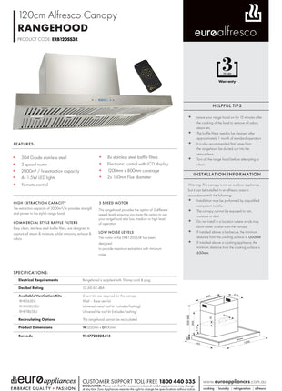 Euro | 120cm Alfresco Canopy Rangehood (S/Steel) Backyard Kitchens Euro