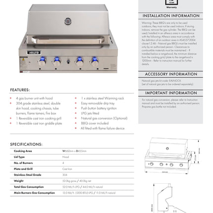 Euro | 4 Burner Built-In BBQ + Hood Inbuilt Barbecues Euro