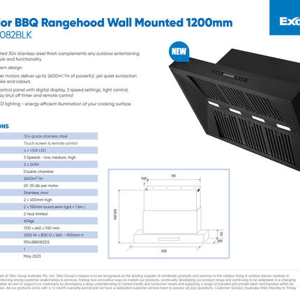 Excelsior Black Outdoor Rangehood - 120cm Range Hoods Excelsior   