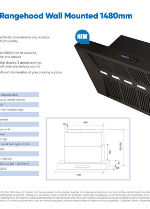 Excelsior Black Outdoor Rangehood - 148cm Range Hoods Excelsior   