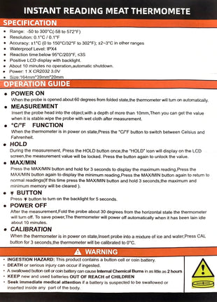 A product information sheet for an instant reading meat thermometer, featuring a blue background with white text detailing specifications, operation, measurement, and a yellow warning label at the bottom.