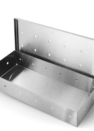 A stainless steel rectangular metal smoker n box with a hinged lid, featuring pre-drilled holes on the exterior, shown on a white background.