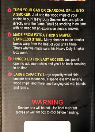 Back of a smoker box package showing a fiery wood chip graphic at the top, bullet points in white text on a black background, a white warning label, and a red 'Made in China' band at the bottom with FDA logo.