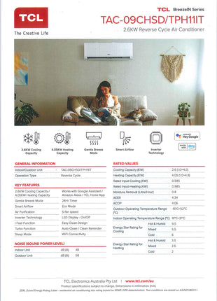 TCL 2.6KW Reverse Cycle Air Conditioner, TAC-09CHSD/TPH11IT  TCL   
