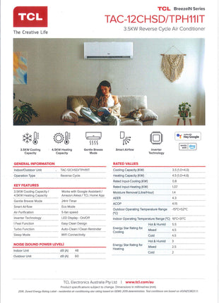 TCL 3.5KW Reverse Cycle Air Conditioner, TAC-12CHSD/TPG11IT  TCL   