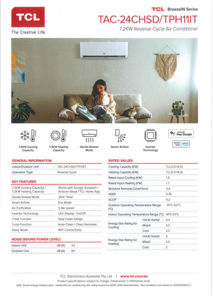 TCL 7.2KW Reverse Cycle Air Conditioner, TAC-24CHSD/TPH11IT  TCL   