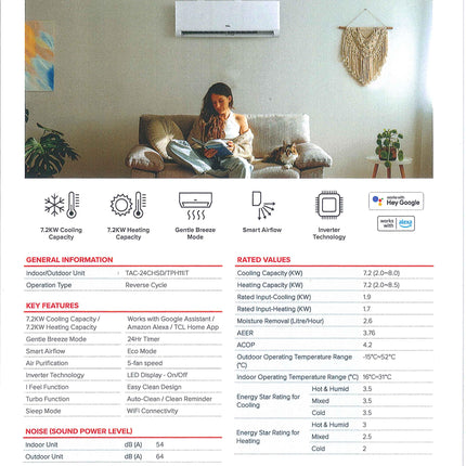 TCL 7.2KW Reverse Cycle Air Conditioner, TAC-24CHSD/TPH11IT  TCL   