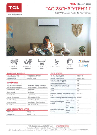 TCL 8.2KW Reverse Cycle Air Conditioner, TAC-28CHSD/TPG11IT  TCL   